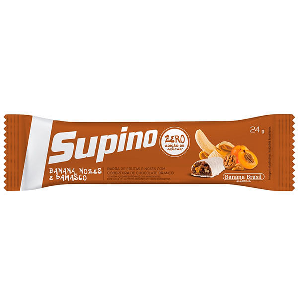 Barra de Frutas Banana, Nozes e Damasco Cobertura Chocolate Branco sem Adição de Açúcar Supino Pacote 24g Barra de Frutas Banana, Nozes e Damasco Cobertura Chocolate Branco Supino Pacote 24g