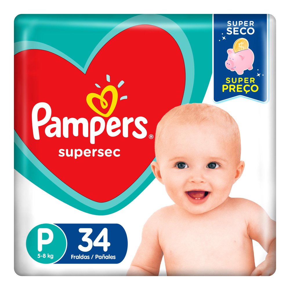 Pampers Fralda Super Sec P 34un - Magic Gel, Canais Extra-Absorventes, Antivazamento