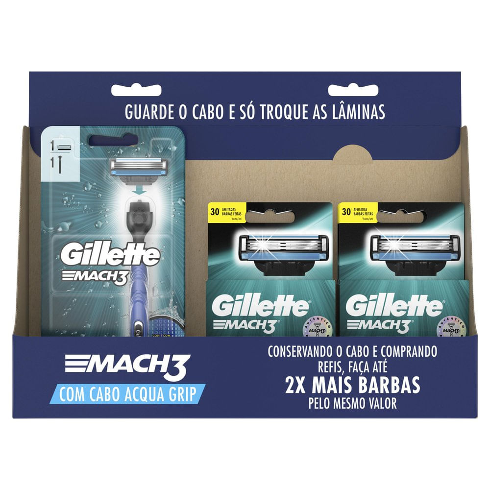 Gillette Mach 3 Kit 2 Aparelho Barbear Com Cabo Acqua Grip + 4 Cargas Gilette Mach 3 X 1
