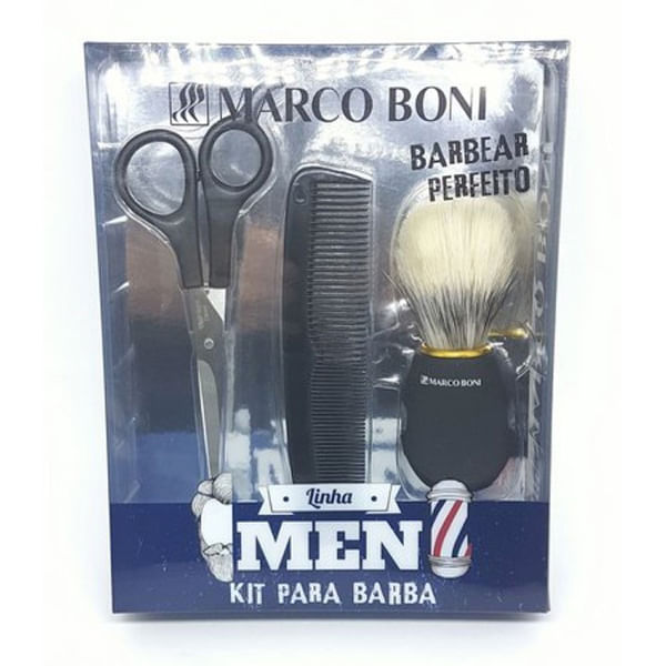 Kit para Barba 6191 Tesoura Pincel Pente Aço Inox Cerdas Nylon/Naturais Marcoboni Kit Para Barba Máscara 6191