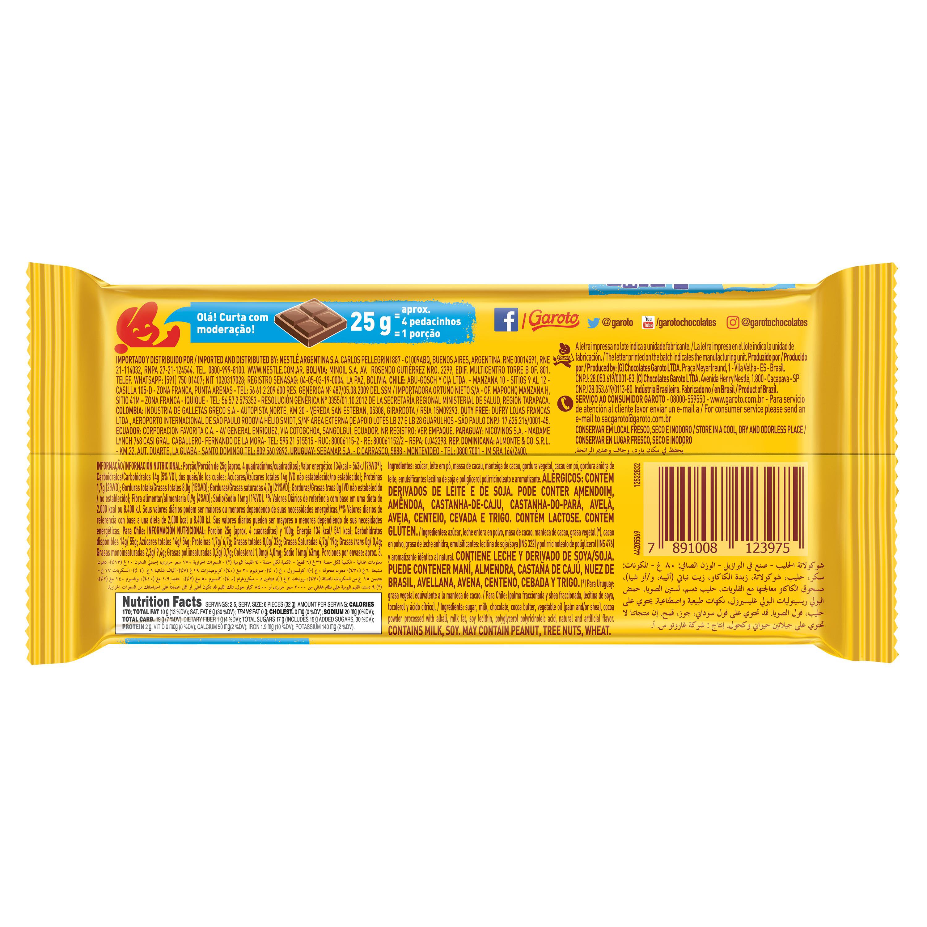 Chocolate ao Leite GAROTO Tablete 80g - Imagem 3