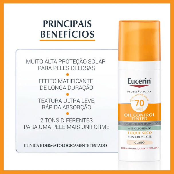 EUCERIN Protetor Solar Facial Oil Control Cor Clara FPS 70 50ml, Antioleosidade, Proteção UVA, UVB e Luz Visível, Pele Oleosa - Imagem 4