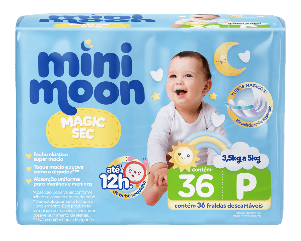 Mini Moon Fralda Descartável P 36 Un Magic Sec Tubos Mágicos 12h Antivazamento
