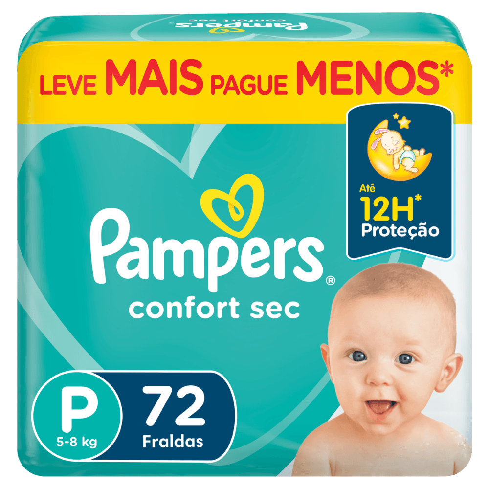 Pampers Fralda Descartável Confort Sec P 72 Unidades - 12H Superabsorvente Hipoalergênica