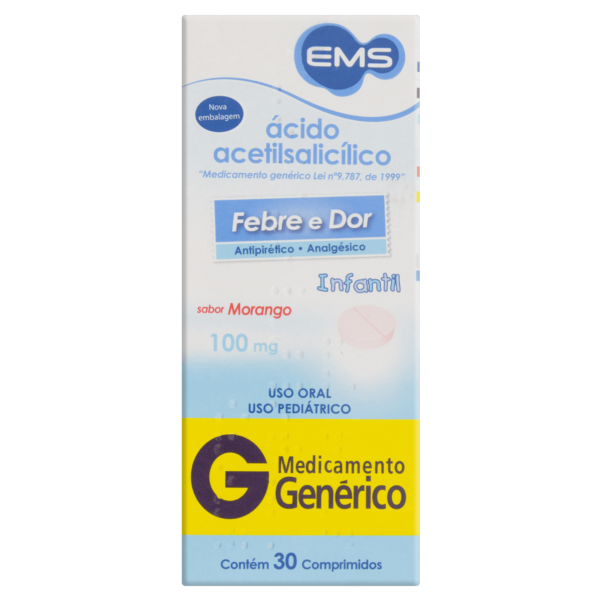 Aas Ácido Acetilsalicílico Pediátrico 100 mg Comprimido Mastigável 30 comprimidos EMS