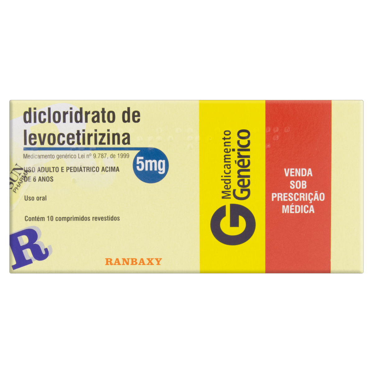 Antialérgico Dicloridrato de Levocetirizina Ranbaxy 5mg - 10 Comprimidos