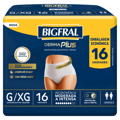 Roupa Íntima Descartável para Incontinência Unissex Bigfral Derma Plus G/XG - 16 Unidades
