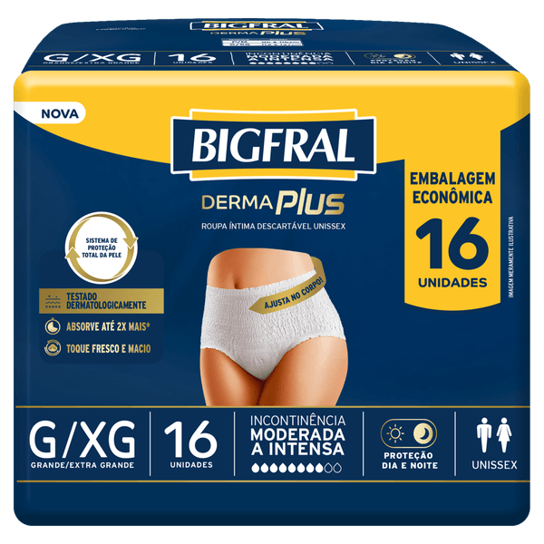 Roupa Íntima Descartável para Incontinência Unissex Bigfral Derma Plus G/XG - 16 Unidades