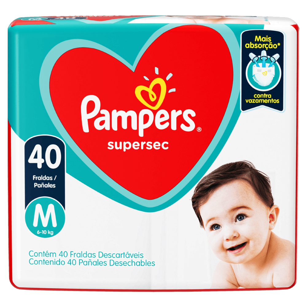 Pampers Fralda Descartável Alta Absorção 3 Canais Antivazamento Supersec M 40 Unidades