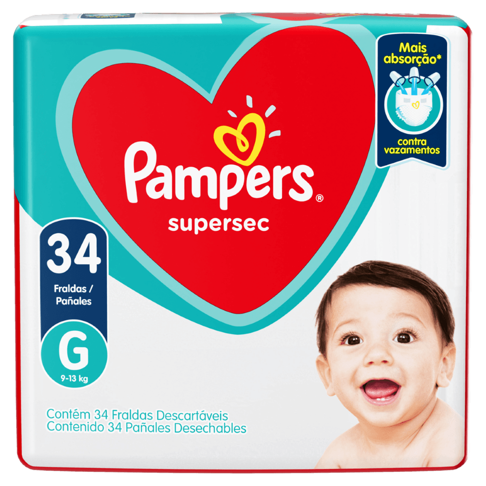 Pampers Fralda Descartável Supersec G 34 Unidades – Absorção Rápida 12h Antivazamento