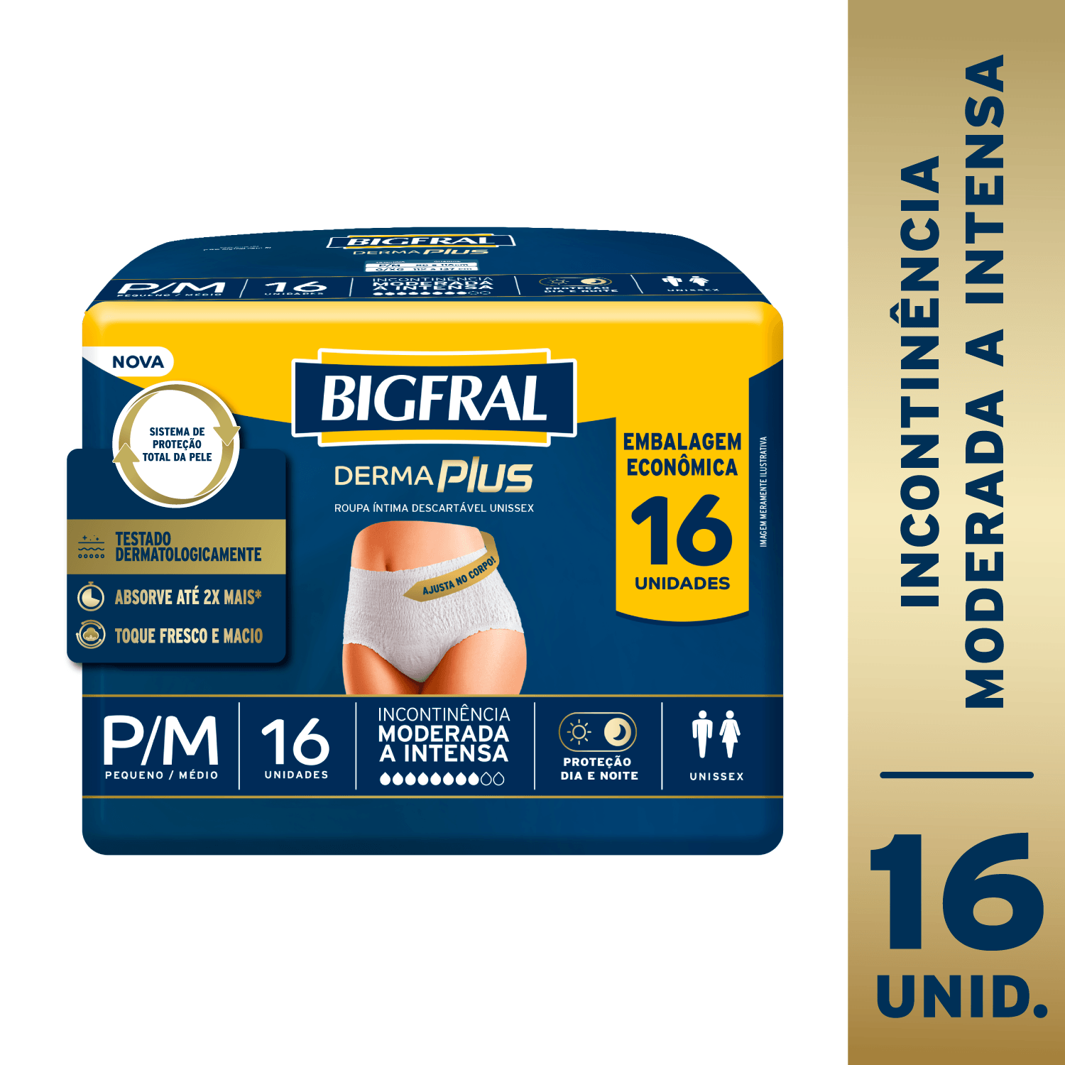 Roupa Íntima Descartável para Incontinência Unissex Bigfral Derma Plus P/M - 16 Unidades