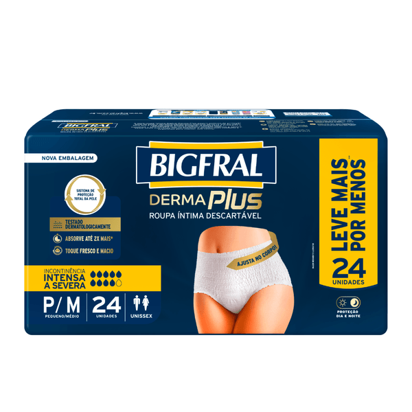 Roupa Íntima Descartável Derma Plus Unissex P/M 24 unidades com Aloe Vera Bigfral Roupa Íntima Descartável Unissex Bigfral Derma Plus P/M - 24 Unidades