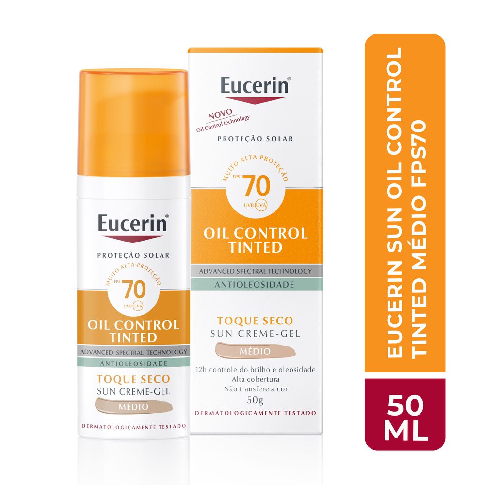 EUCERIN Protetor Solar Facial Oil Control Cor Média FPS 70 50ml, Antioleosidade, Proteção UVA, UVB e Luz Visível, Pele Oleosa