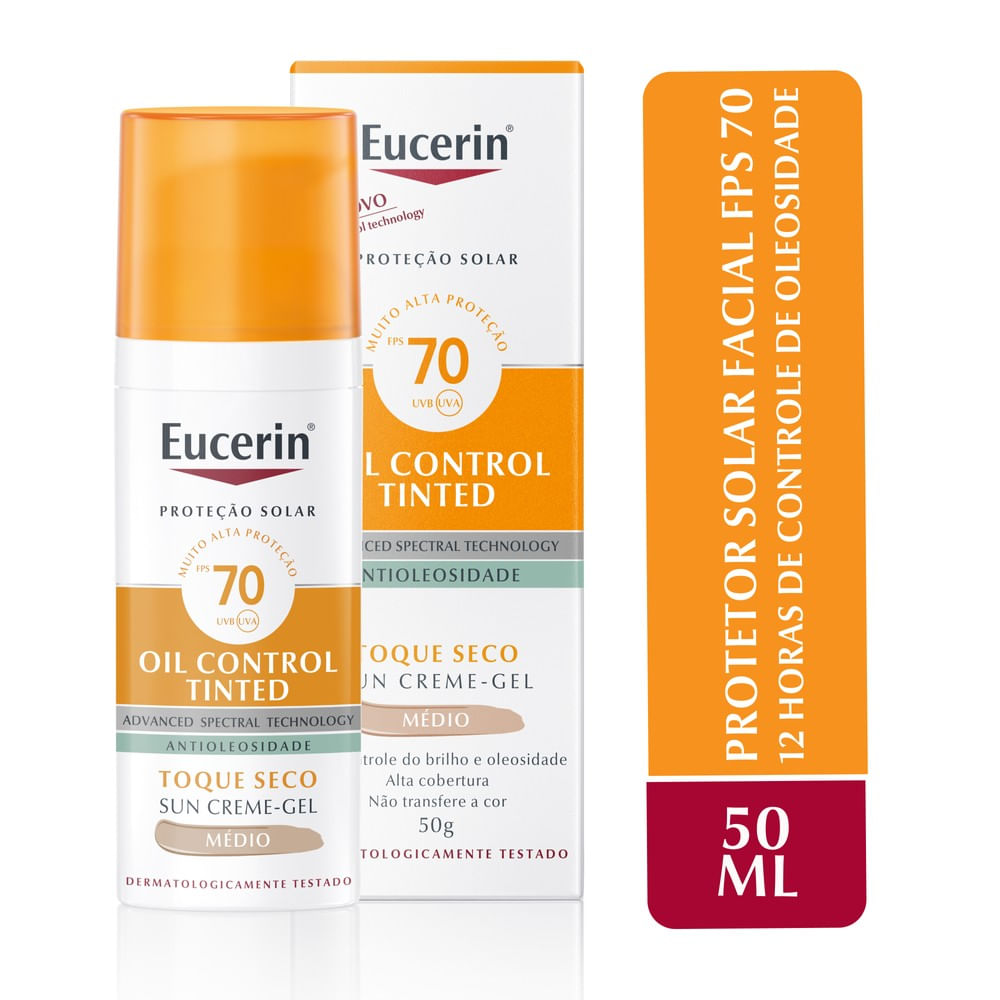 EUCERIN Protetor Solar Facial Oil Control Cor Média FPS 70 50ml, Antioleosidade, Proteção UVA, UVB e Luz Visível, Pele Oleosa - Imagem 2