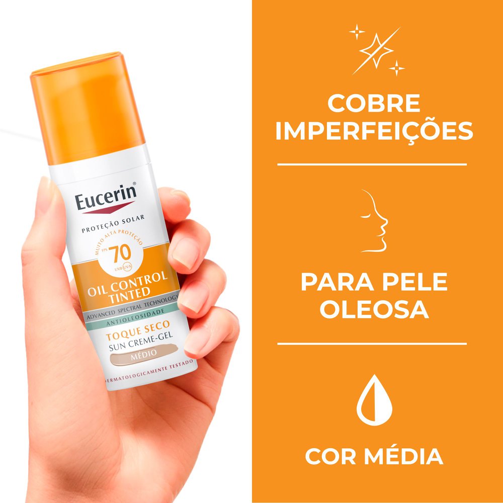 EUCERIN Protetor Solar Facial Oil Control Cor Média FPS 70 50ml, Antioleosidade, Proteção UVA, UVB e Luz Visível, Pele Oleosa - Imagem 4