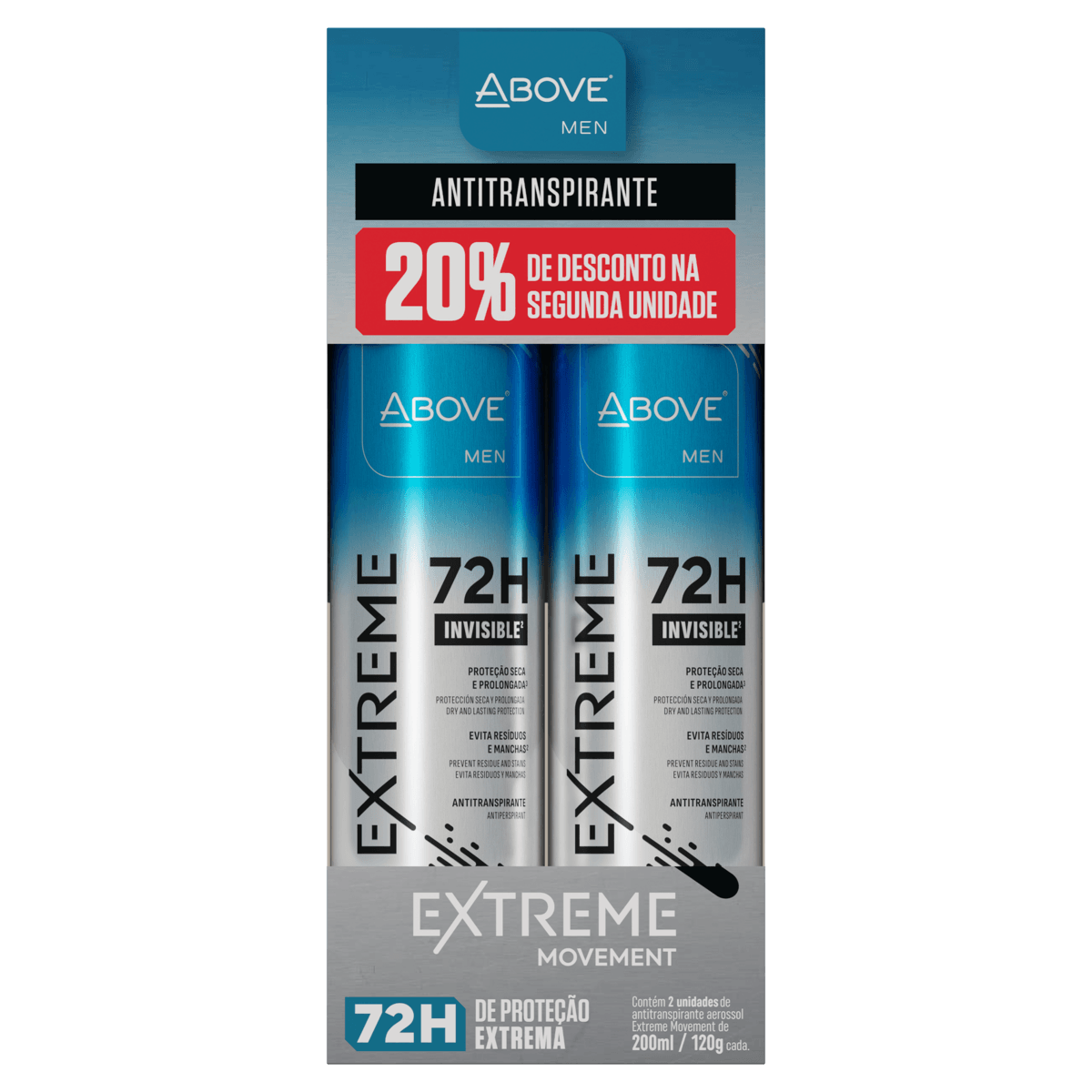 Desodorante Jato Seco Aerossol Invisible Movement 72h Above Men Extreme 2 Un-200ml Cada