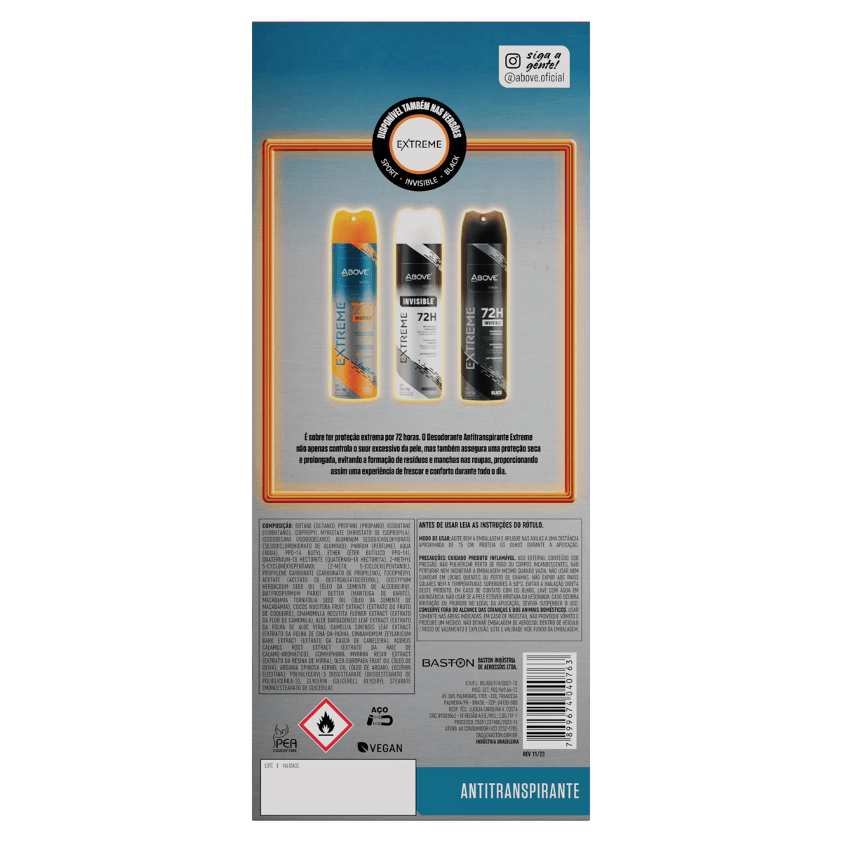 Desodorante Jato Seco Aerossol Invisible Movement 72h Above Men Extreme 2 Un-200ml Cada - Imagem 4