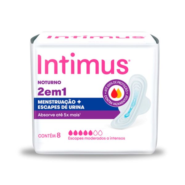 Absorvente Feminino 2 em 1 Noturno para Menstruação e Urina 8 Unidades com Abas Intimus Absorvente Feminino Intimus 2 em 1 Noturno para Menstruação e Escapes de Urina 8 unidades