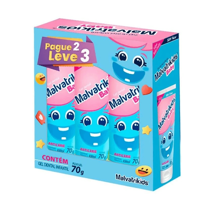 Kit Gel Dental Malvatrikids Baby sem Flúor Tutti-Frutti 70g - 3 Unidades