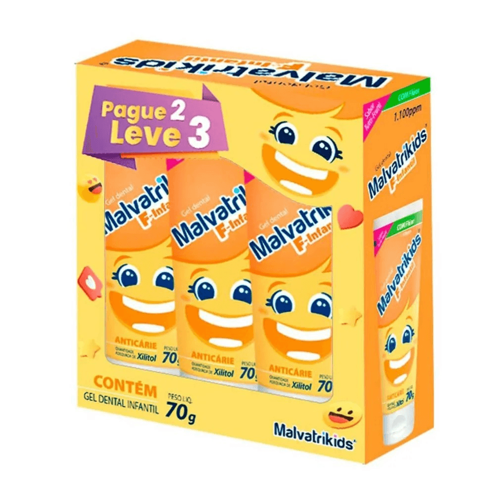 Kit Gel Dental Infantil com Flúor Anticárie Malvatrikids 70g - 3 Unidades