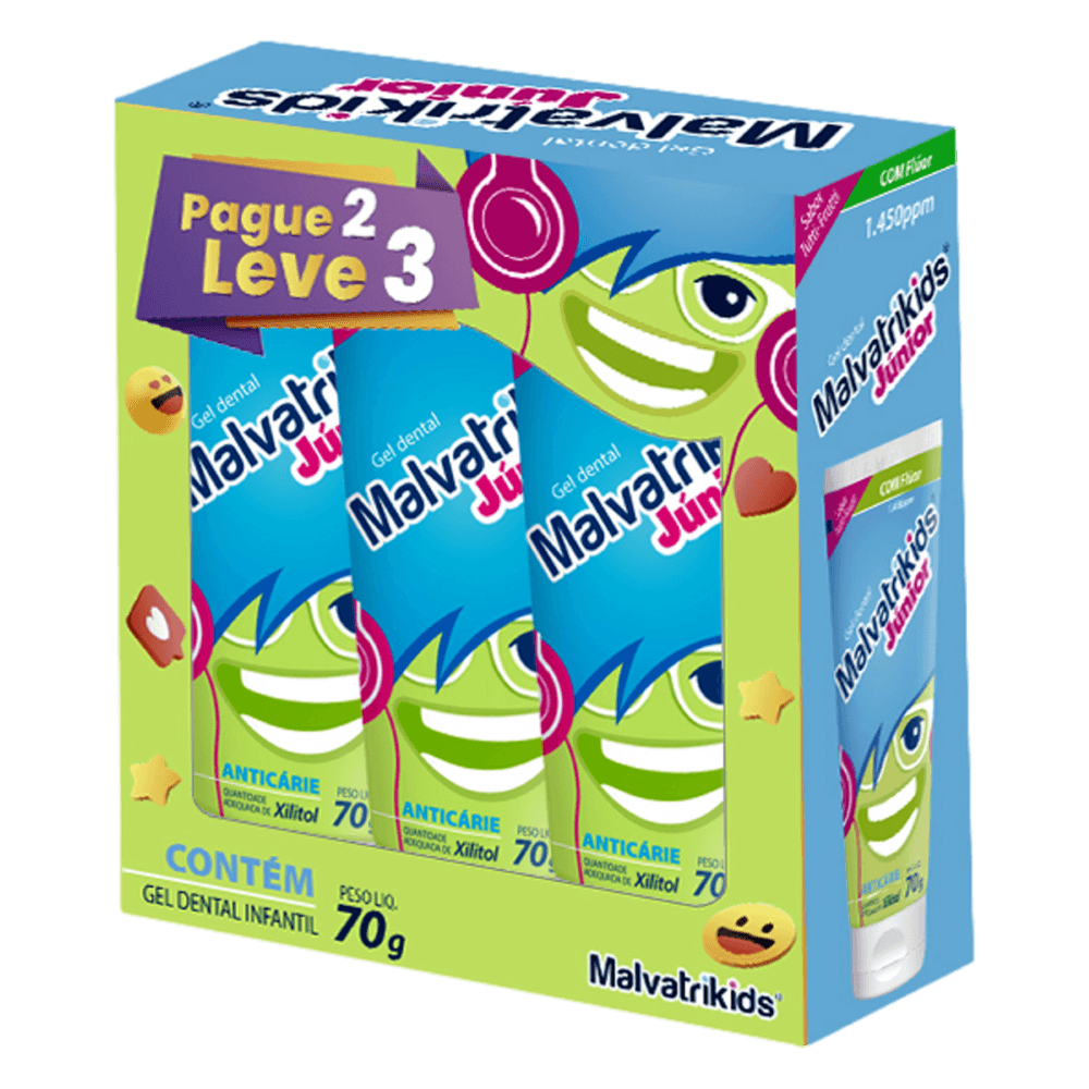 Kit Gel Dental com Flúor Tutti Frutti Malvatrikids Júnior 70g - 3 Unidades