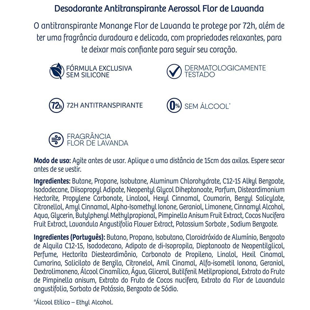 Desodorante Aerossol Antitranspirante Feminino Monange Flor de Lavanda 150ml - Imagem 4