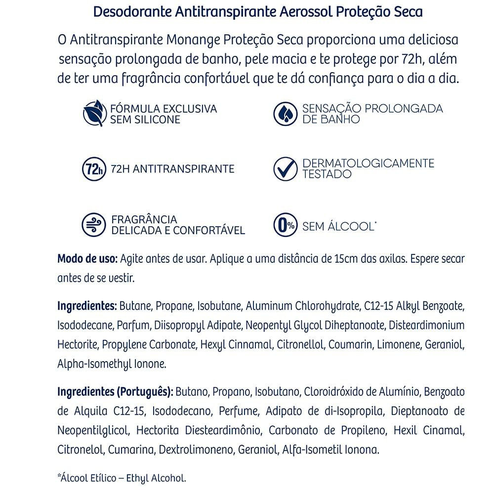 Desodorante Aerossol Antitranspirante Monange Feminino Proteção Seca 150ml - Imagem 4