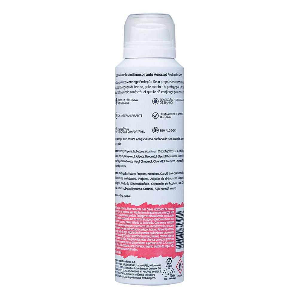 Desodorante Aerossol Antitranspirante Monange Feminino Proteção Seca 150ml - Imagem 5