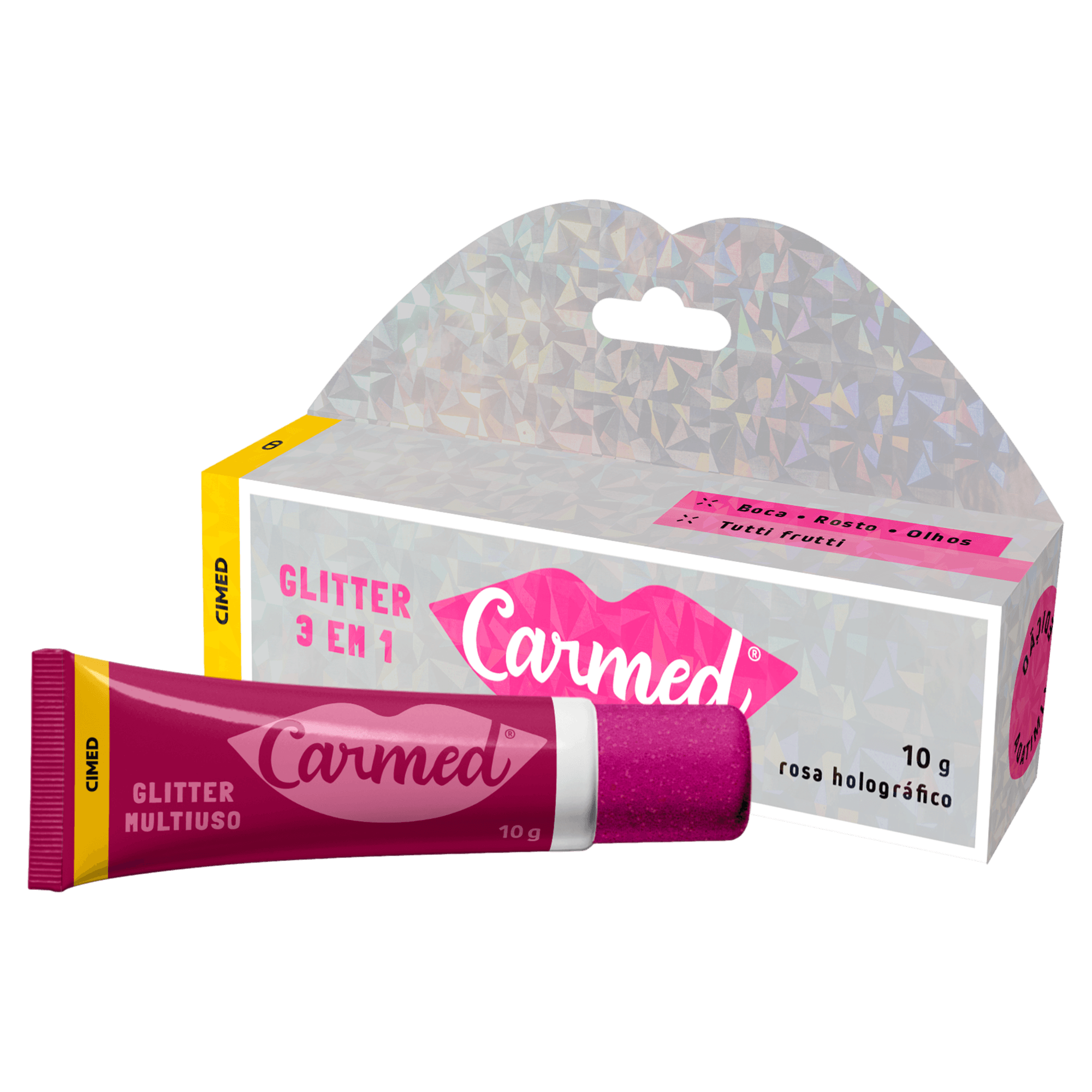 Blush, Batom e Sombra 3 em 1 Tutti Frutti Rosa Holográfico Glitter Carmed - 10g