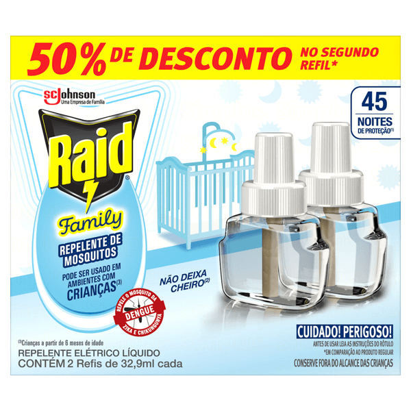 Repelente Líquido Elétrico 45 Noites Raid Family - 2 Unidades 32,9ml