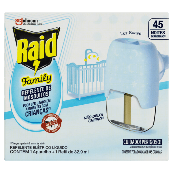 Kit Aparelho Elétrico + Refil Repelente Líquido 45 Noites Raid Family 32,9ml