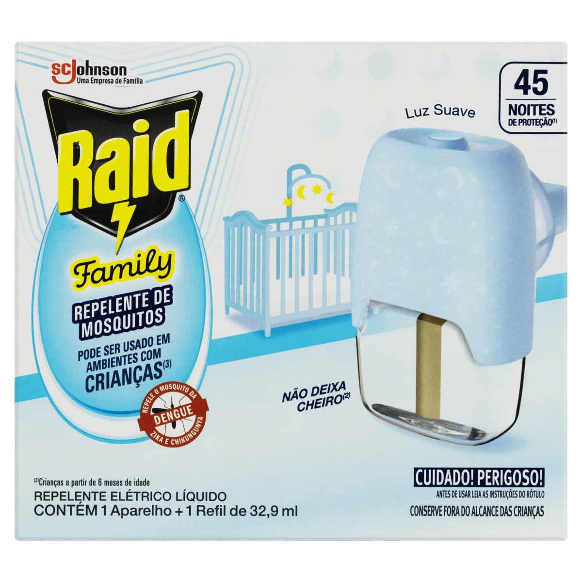 Kit Aparelho Elétrico + Refil Repelente Líquido 45 Noites Raid Family 32,9ml