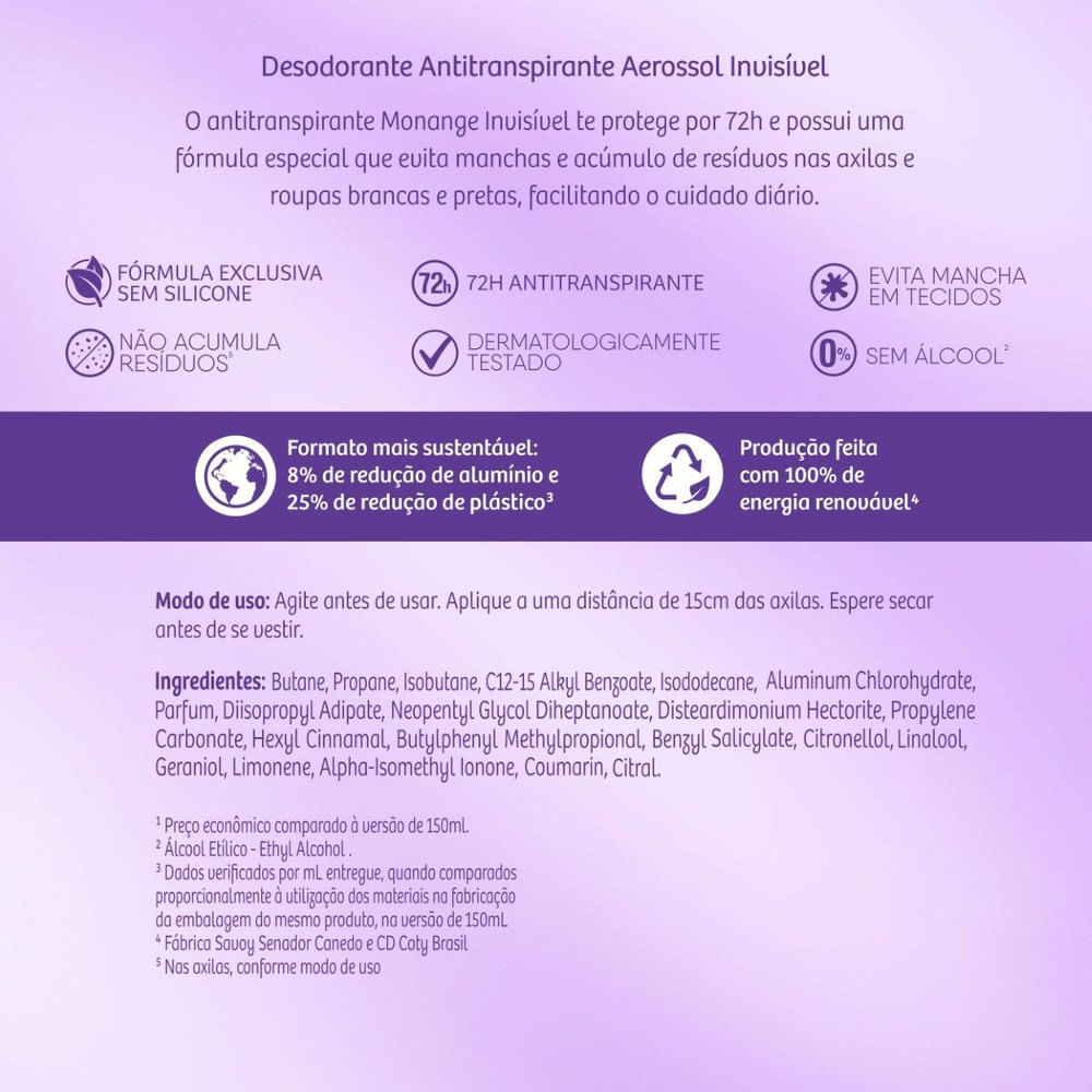 Desodorante Aerossol Antitranspirante Monange Invisível 200ml - Imagem 10