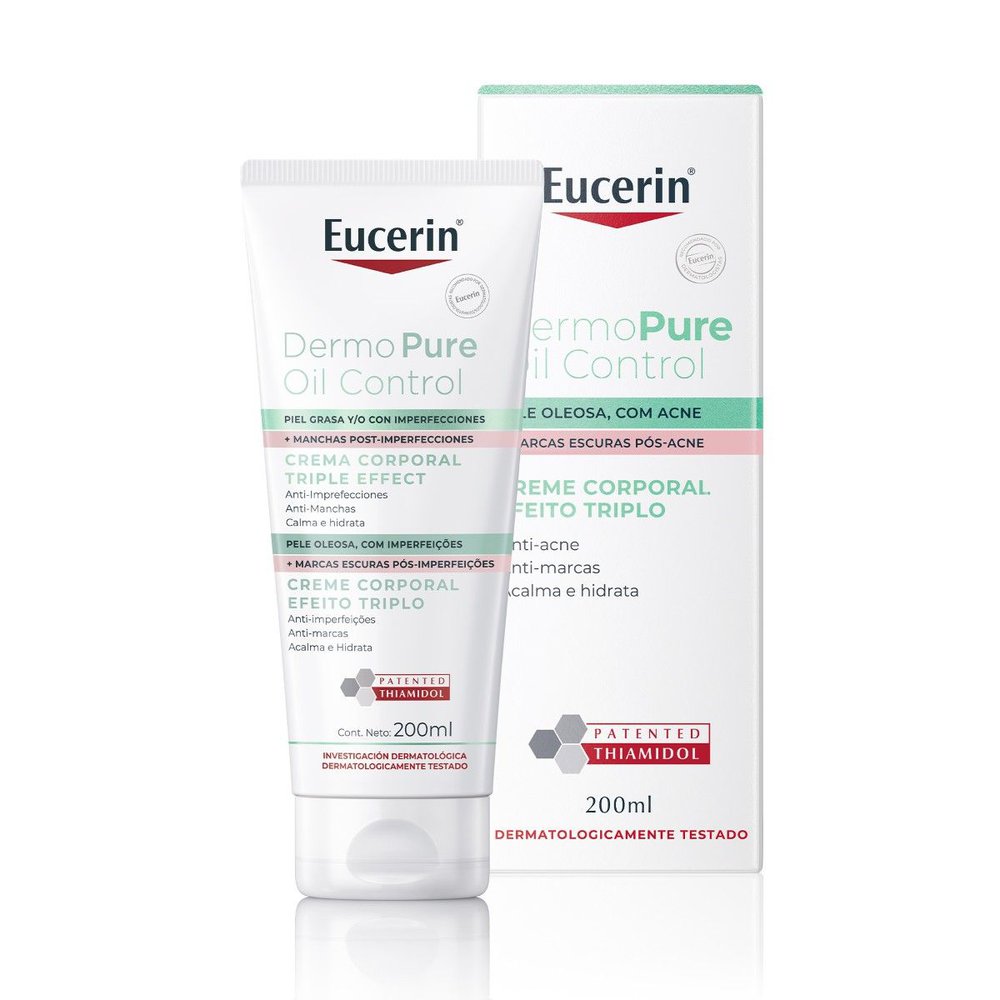 EUCERIN Creme Corporal Antiacne Dermo Pure Efeito Triplo 200ml, Antioleosidade, Antimanchas, Thiamidol, Peles Oleosas