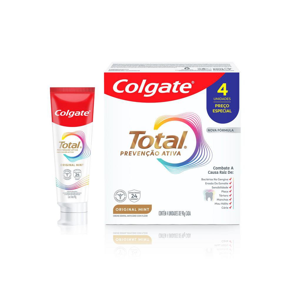 Kit Creme Dental Original Mint Colgate Total Prevenção Ativa 90g - 4 Unidades
