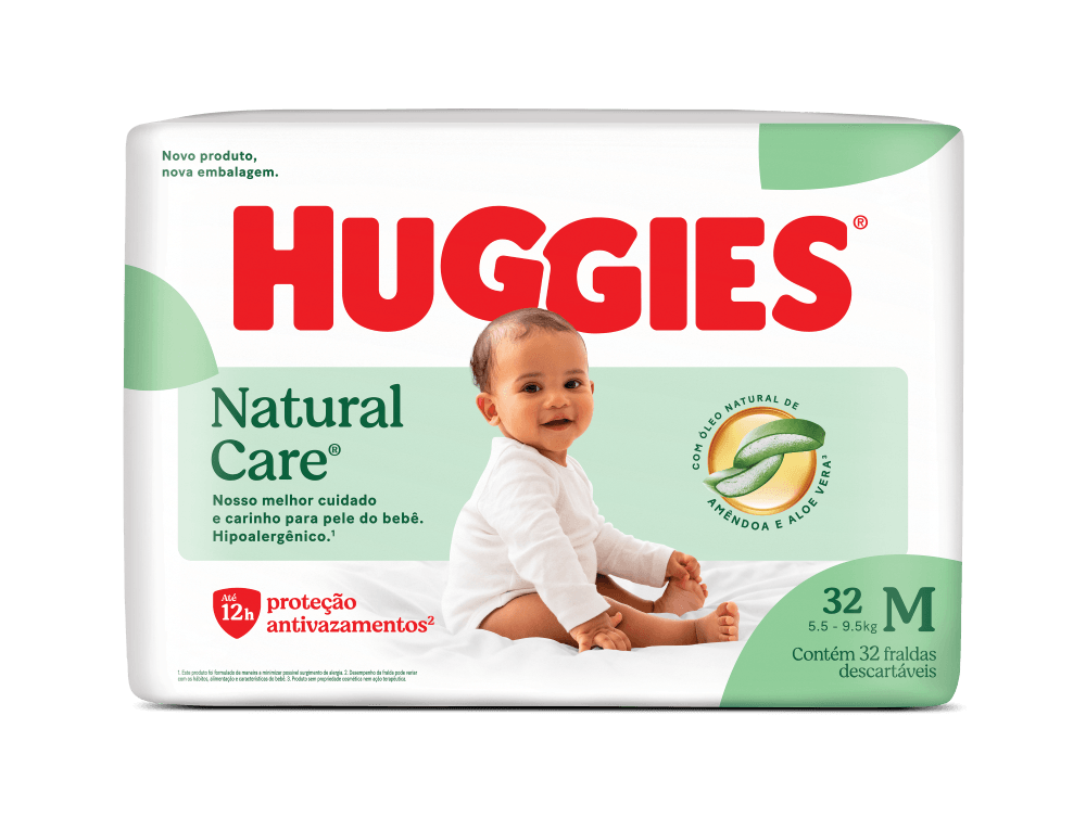 Huggies Fralda Descartável Natural Care M 32 Unidades Hipoalergênica Sem Fragrância 12h