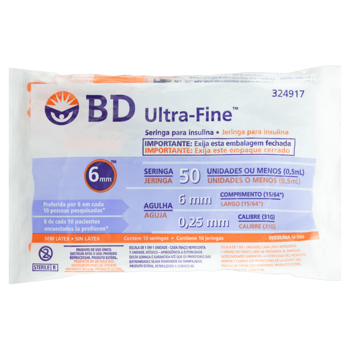 Seringa para Insulina BD Ultra-Fine com Agulha 6mm 50UI - 10 Unidades