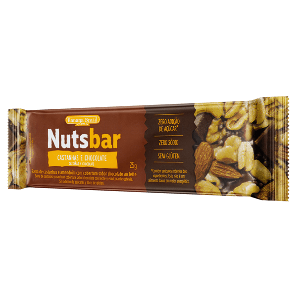 Barra de Castanhas Nutsbar Chocolate 25g Barra de Nuts Castanhas Cobertura Chocolate Zero Sódio Nutsbar Pacote 25g