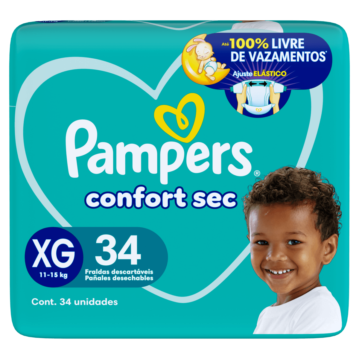 Pampers Fralda Confort Sec XG 34 un - Até 12h, Gel 3 Canais e Barreiras Antivazamento