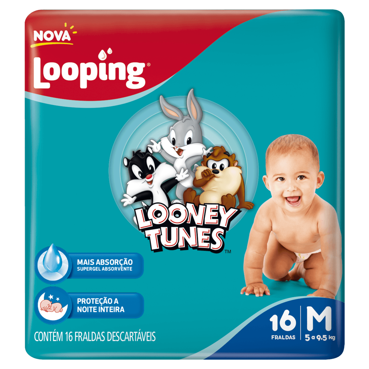 Looney Tunes Fralda Descartável M Cintura Elástica Toque Macio Proteção Noturna Jumbo 14