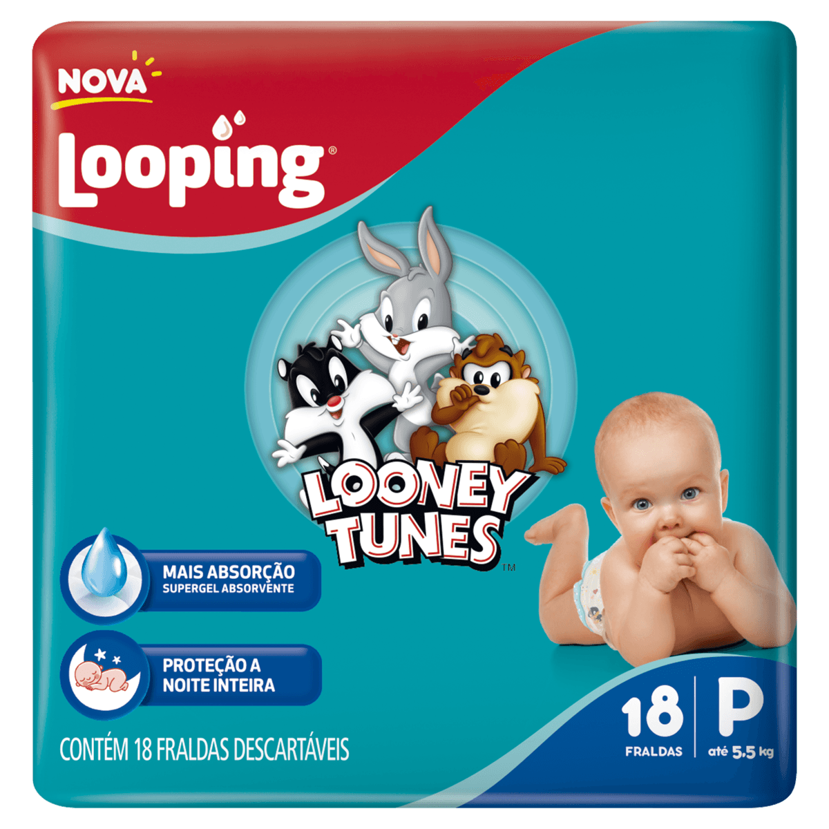 Looney Tunes Fralda Calça P Respirável, Cintura Elástica, 10h - Looping Jumbo 18un