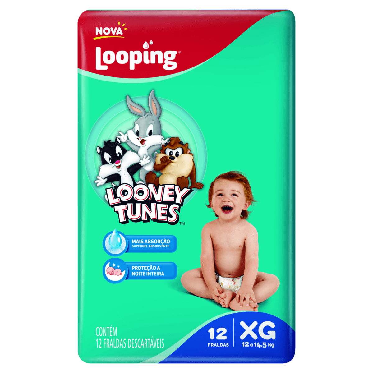 Looney Tunes Fralda Descartável Jumbo XG 12 Unidades Super Gel Antivazamento