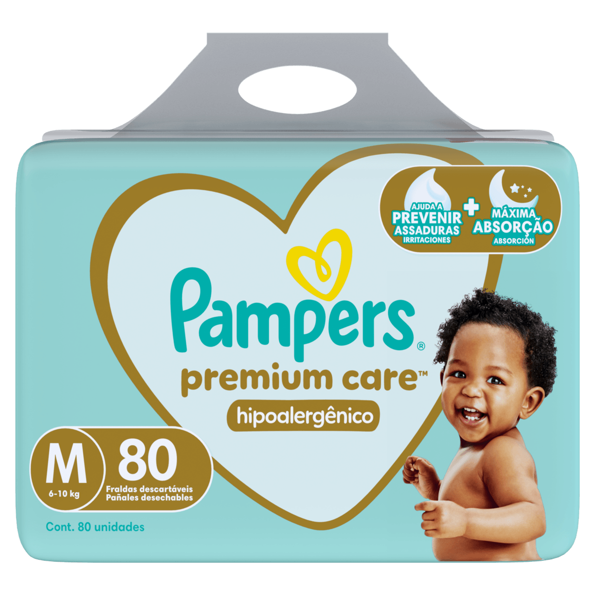 Pampers Fralda Descartável Premium Care M 80un Hipoalergênica Respirável 12h