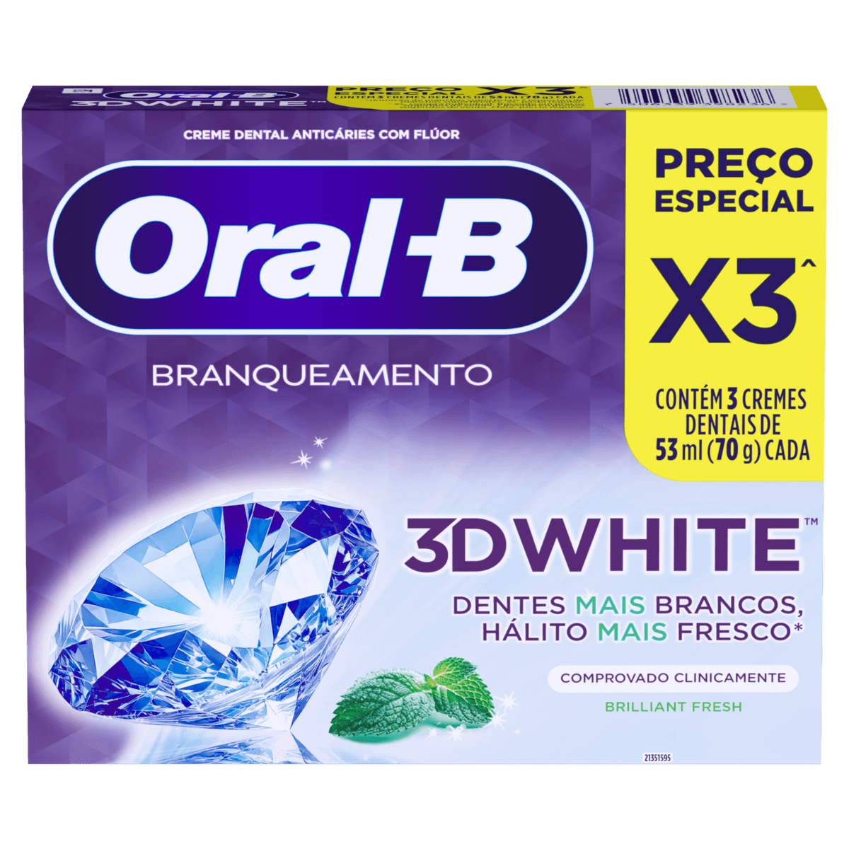 Kit Creme Dental Oral-B 3D White 70g C/ 3 Cremes Dentais - Imagem 3