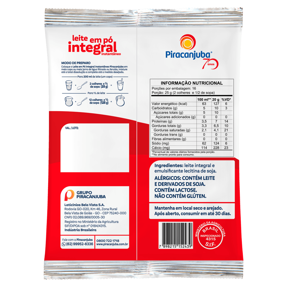 Leite em Pó Integral Instantâneo Piracanjuba 400g - Imagem 2