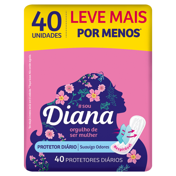 Protetor Diário Absorvente C/40 Sem Fragrância Diana Protetor Diário Respirável Diana Pacote 40 Unidades Leve Mais Pague Menos