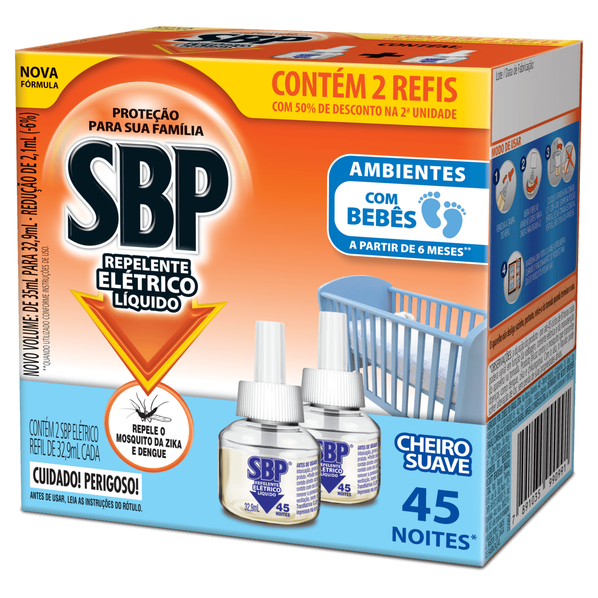 Repelente Líquido Elétrico Cheiro Suave SBP Caixa 2 Unidades 32,9ml Cada Grátis 50% de Desconto na 2ª Unidade Refil
