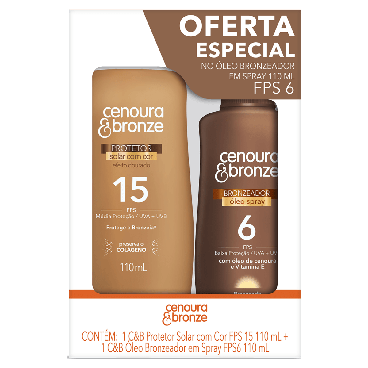 Kit Protetor Solar Cenoura e Bronze Corpo com Cor FPS 15 110ml + Óleo Bronzeador FPS 6 110ml