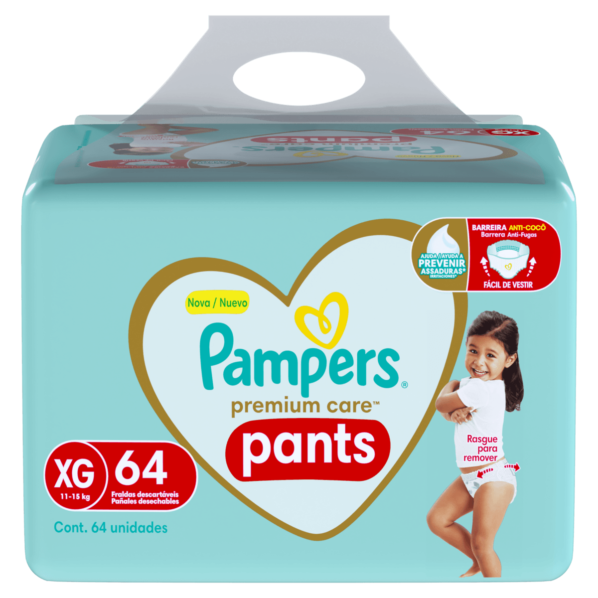 Pampers Fralda Pants Cintura 360° Gel Superabsorvente 12h Premium Care XG 64un