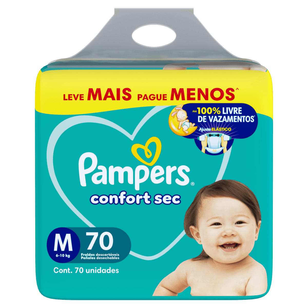Pampers Fralda Descartável Confort Sec M 70 Unidades - Gel Mágico 12h Antivazamento